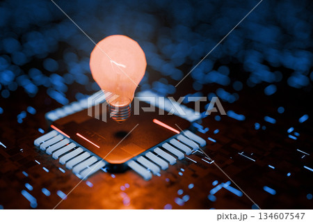 Glowing light bulb with cpu on a microchip symbolizing innovation, technology, creativity, and new ideas in the digital age, representing artificial intelligence, research, and futuristic concepts. 134607547