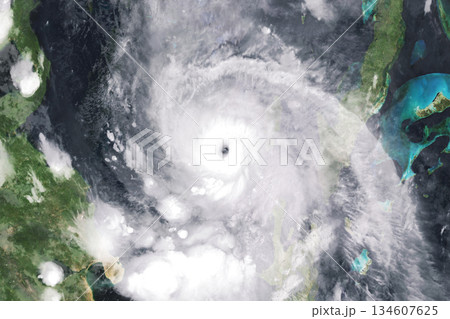 Hurricane Melissa 2025. Powerful hurricane seen from space with a clearly defined eye, showcasing the immense force of nature, swirling clouds, and dramatic beauty of extreme weather over the Island Hurricane Melissa 2025. Powerful hurricane seen from space with a clearly defined eye, showcasing the immense force of nature, swirling clouds, and dramatic beauty of extreme weather over the Island 134607625