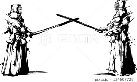 剣道の試合の墨絵イラスト 剣道の試合の墨絵イラスト 134607729