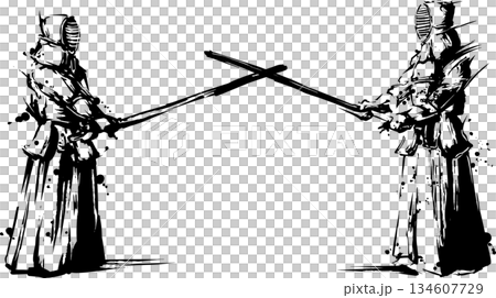 劍道比賽的水墨插圖 134607729