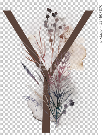Capital letter Y with watercolor autumn leaves and grass in earth tones, winter wedding illustration 134607870