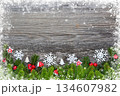 Christmas decorations and spruce branches on a wooden table. Festive  background. Top view 134607982