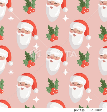 Santa Claus face with holly on pink background with snowflakes, vector seamless Christmas pattern Santa Claus face with holly on pink background with snowflakes, vector seamless Christmas pattern 134608040
