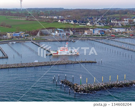 Groemitz harbor with rescue boat and marina from above 134608204