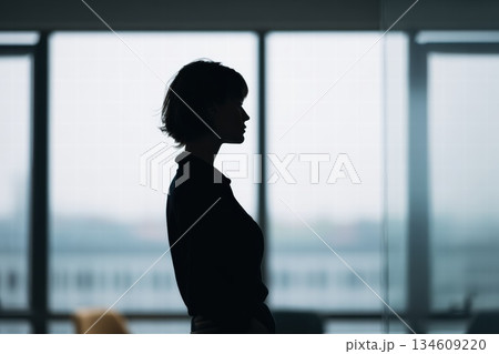 Silhouette Of A Woman In An Office With Large Window Backdrop, Quiet Contemplation 134609220