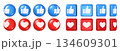 Social media like 3D icon with glossy heart and thumbs up for social media reaction, feedback and rating red and blue shiny button. Vector isolated set 134609301