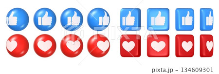 Social media like 3D icon with glossy heart and thumbs up for social media reaction, feedback and rating red and blue shiny button. Vector isolated set 134609301