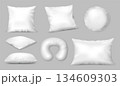 Realistic pillow mockup with fluffy cotton and linen texture for bedding product, home decor and interior. Vector 3D set of square and round cushions for sleep 134609303