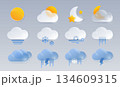Glass weather icons with glassy sun, clouds and crescent for forecast app UI, climate widget minimal meteorology design in glossy neumorphism style. Temperature, rain and wind translucent vector set 134609315