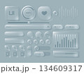 Glass UI interface with transparent panels and toggle controls, buttons and sliders for app dashboard template. Vector neumorphism set of translucent elements for voice playback, media player 134609317