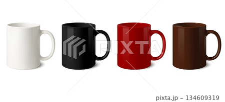 Ceramic mug and cup mockups for coffee and tea branding blank, white, black and red, brown template for printable merchandise. Realistic 3D rendering vector set 134609319
