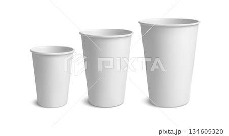 3D disposable paper cups for takeaway coffee and tea, clean white template for cafe branding or fast food packaging mockup. Realistic vector set for label design or menu advertising 3D disposable paper cups for takeaway coffee and tea, clean white template for cafe branding or fast food packaging mockup. Realistic vector set for label design or menu advertising 134609320