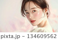 美肌の若くて可愛いアジア女性モデルの美容・ファッションポートレート｜お花の背景 134609562