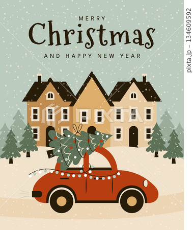 Merry Christmas and Happy New Year greeting card with red car carrying christmas tree in snowy town. 134609592