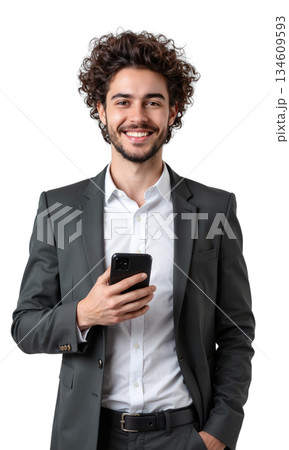 youthful tech entrepreneur - A waist-up shot of a young man with curly hair wearing a white shirt and blazer 134609593