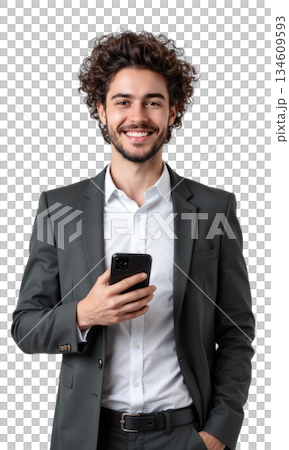 youthful tech entrepreneur - A waist-up shot of a young man with curly hair wearing a white shirt and blazer 134609593