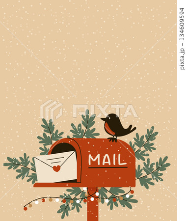 Christmas mailbox with letter and bird on snowy background vector illustration. 134609594
