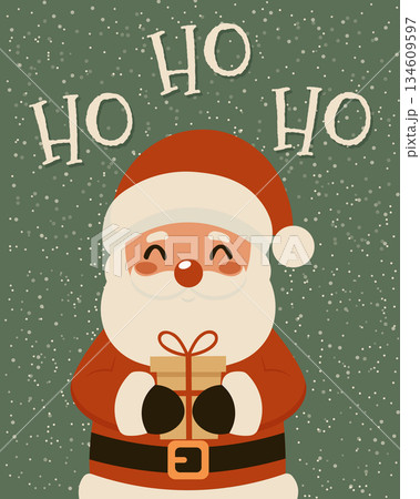 Cute Santa Claus holding gift box with Ho Ho Ho typography on snowy green background. 134609597