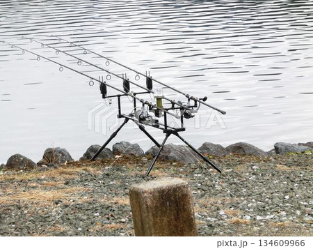 湖畔に設置された釣り竿 134609966
