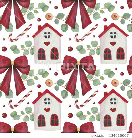 Watercolor seamless pattern for Christmas or New Year with bow, house, candy cane  134610007