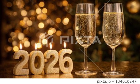 Two champagne flutes filled with sparkling drink beside the number 2026. Candles glow softly in the background, creating a festive holiday atmosphere. 134610247