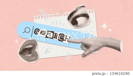 Search bar in halftone collage style with hand, mouth and eye around. AI or voice assistant concept. Collage style search page on background with torn paper. Creative prompt concept. Vector Search bar in halftone collage style with hand, mouth and eye around. AI or voice assistant concept. Collage style search page on background with torn paper. Creative prompt concept. Vector 134610290