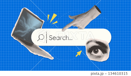 Trendy Halftone Collage Laptop with Search bar, eye and hand with point finger. Online search job. Seo marketing concept. Finding opportunities. Dotted pop art. Torn out paper elements. Vector. Trendy Halftone Collage Laptop with Search bar, eye and hand with point finger. Online search job. Seo marketing concept. Finding opportunities. Dotted pop art. Torn out paper elements. Vector. 134610315