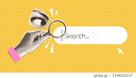 Cover with browser bar, toolbar. Human hand with magnifying glass in dotted pop art style. Retro halftone search bar with paper collage eye. Vector illustration for mixed media design. 134610317