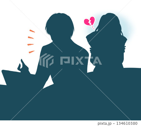 ノートパソコンに向かって話している男性と悲し気な女性　シルエット 134610380