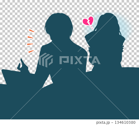 ノートパソコンに向かって話している男性と悲し気な女性　シルエット 134610380