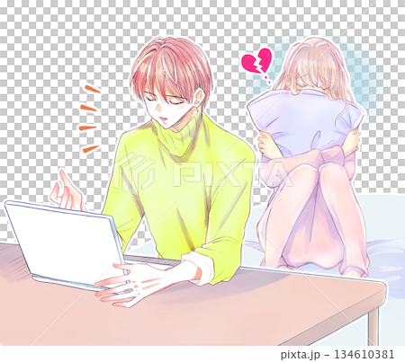 ノートパソコンに向かって笑顔で話している男性と悲し気な女性 134610381