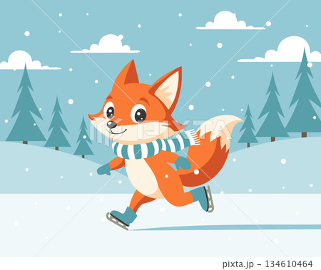 Happy cute fox in scarf skating in a winter landscape. Holiday illustration.	 134610464