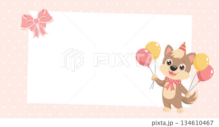 Charming dog with balloons on a pink festive frame with bow. Holiday illustration. Birthday card.	 134610467