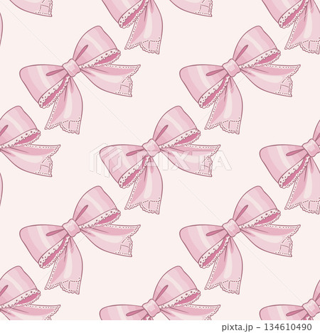 Vector seamless coquette pattern with soft pastel pink bows on light pink background Vector seamless coquette pattern with soft pastel pink bows on light pink background 134610490