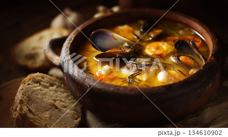 Bouillabaisse-Style Seafood Soup in Clay Pot with Crusty Bread 134610902