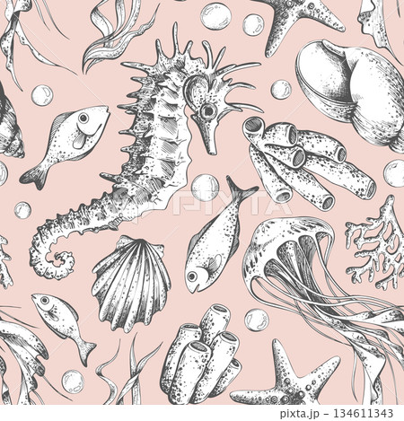 Seamless pattern with hand drawn marine animal and plant. Undersea kingdom with starfish, jellyfish, seahorse, coral and seaweed. For textile. Outline graphic illustration on a coral background 134611343