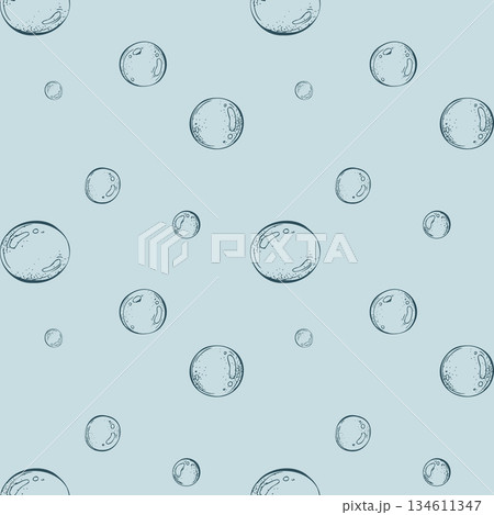 Underwater bubbles seamless pattern. Graphic line art hand drawn illustration of air or water droplet for marine life and sea creative design on a blue background 134611347