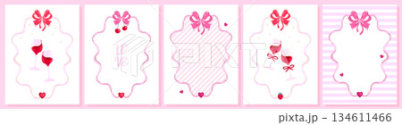 Set of pink Valentine day vintage card frames with preppy hearts, ribbons, sweet strawberries, cherries and wine glasses. Vector illustration for romantic graphic designs, wedding invites and festive Set of pink Valentine day vintage card frames with preppy hearts, ribbons, sweet strawberries, cherries and wine glasses. Vector illustration for romantic graphic designs, wedding invites and festive 134611466