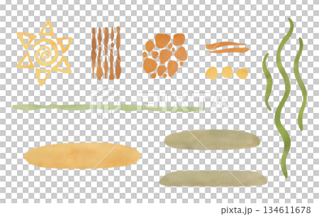 Set elements: decorative elements of African motifs. Cartoon illustration in a flat style. Watercolor, pastel, gouache. For design of children's products, prints, packaging, textiles, wallpapers. Set elements: decorative elements of African motifs. Cartoon illustration in a flat style. Watercolor, pastel, gouache. For design of children's products, prints, packaging, textiles, wallpapers. 134611678