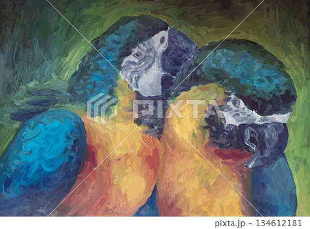 Two macaw parrots sitting side by side on a branch. Painting style. 134612181