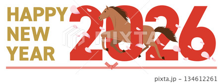 2026年をイメージした午と花吹雪が舞うhappy new yearの年賀状_横長 2026年をイメージした午と花吹雪が舞うhappy new yearの年賀状_横長 134612261