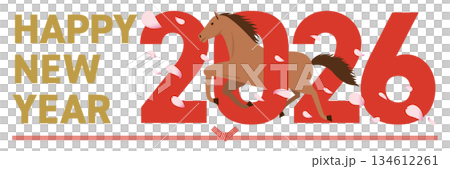 Happy New Year's card with a horse and falling cherry blossoms in the image of 2026_horizontal 134612261