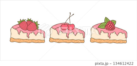 Set of cheesecakes with strawberries, cherries and raspberries. Isolated vector illustrations for poster, banner, postcard, advertising, menu, packaging. 134612422
