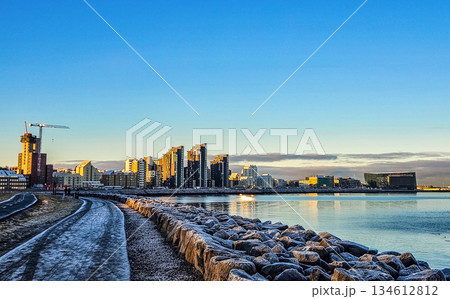 Winter Waterfront Cityscape with Curved Promenade and Modern Skyline Winter Waterfront Cityscape with Curved Promenade and Modern Skyline 134612812