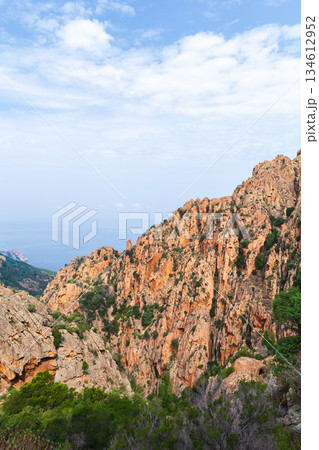 Coastal rocky mountains of Calanques de Piana, Corsica, France. Vertical landscape 134612952