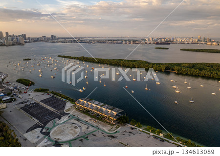 Yachts and sailboats docked in Biscayne Bay harbor near Virginia Key in Miami, Florida. USA travel destination 134613089