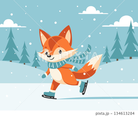 Adorable fox ice skating in a snowy winter landscape. Card, illustration. Adorable fox ice skating in a snowy winter landscape. Card, illustration. 134613284