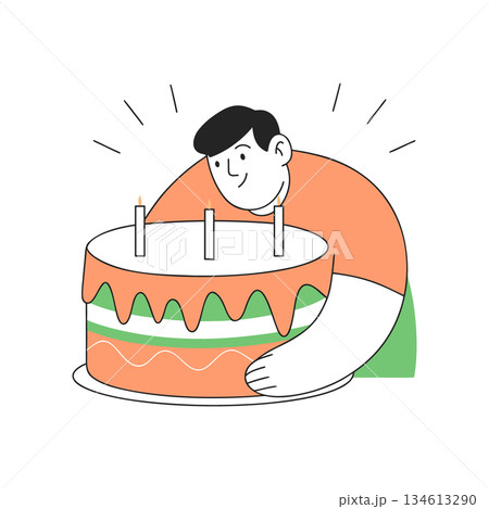 Man with a cake and lit candles. A smiling man holds a birthday cake. Doodle illustration. Man with a cake and lit candles. A smiling man holds a birthday cake. Doodle illustration. 134613290