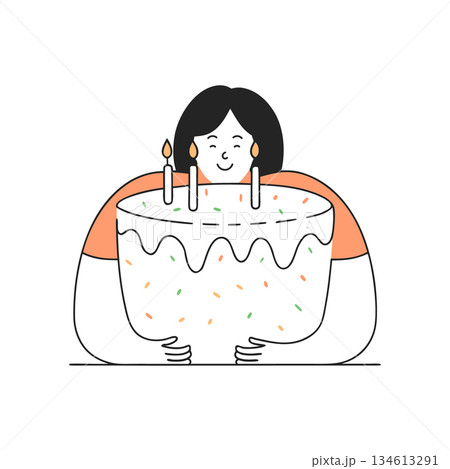 Cute girl with birthday cake. Smiling person holding a festive cake. Doodle illustration. Cute girl with birthday cake. Smiling person holding a festive cake. Doodle illustration. 134613291