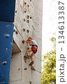 Young Child Climbing Outdoor Rock Wall in Safety Harness 134613387